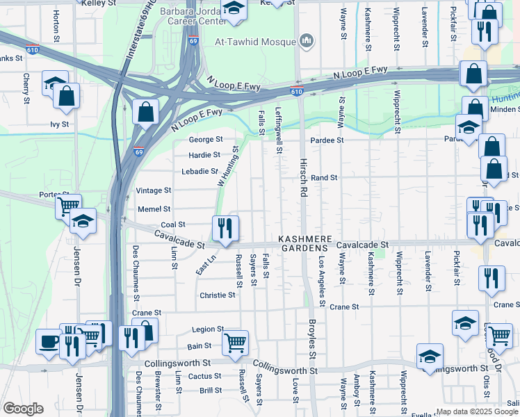 map of restaurants, bars, coffee shops, grocery stores, and more near 4601 Falls Street in Houston