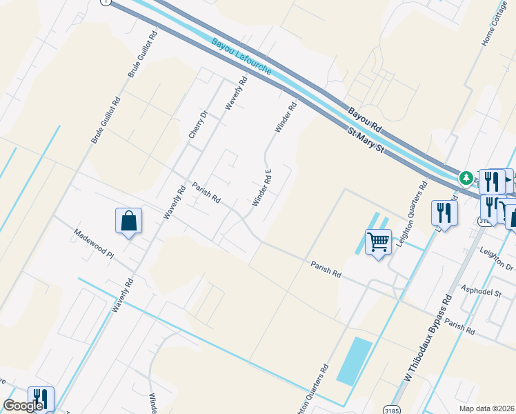 map of restaurants, bars, coffee shops, grocery stores, and more near 307 Winder Road East in Thibodaux