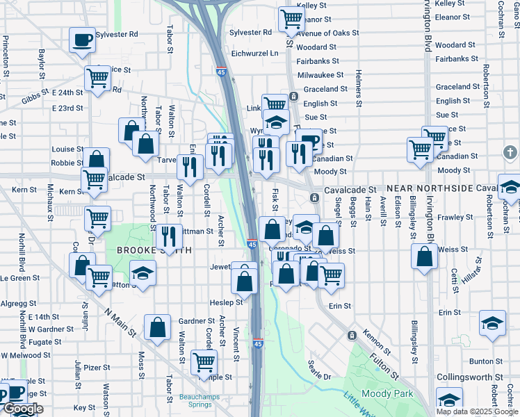 map of restaurants, bars, coffee shops, grocery stores, and more near 2900 North Freeway in Houston