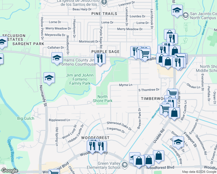 map of restaurants, bars, coffee shops, grocery stores, and more near 13207 South Thorntree Drive in Houston