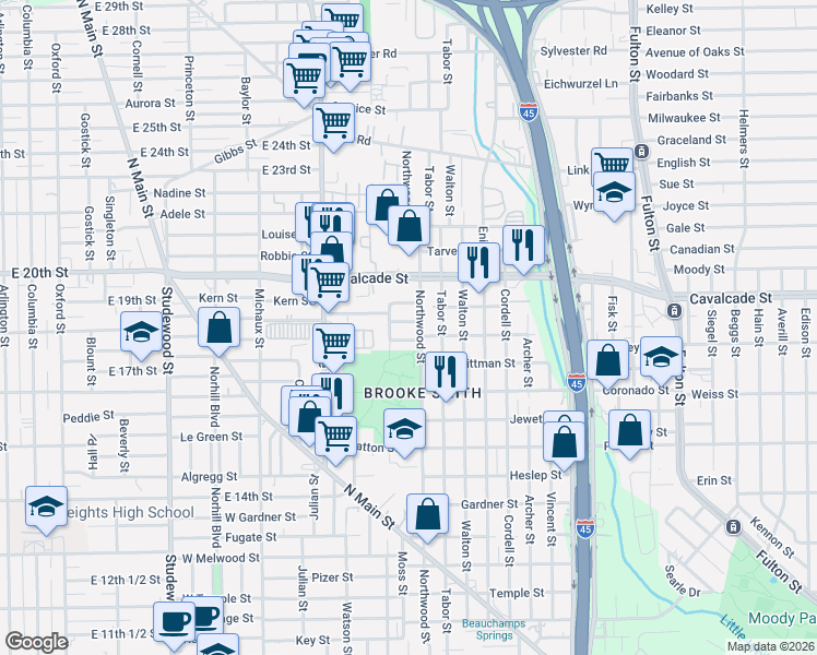 map of restaurants, bars, coffee shops, grocery stores, and more near 1220 Mathis Street in Houston