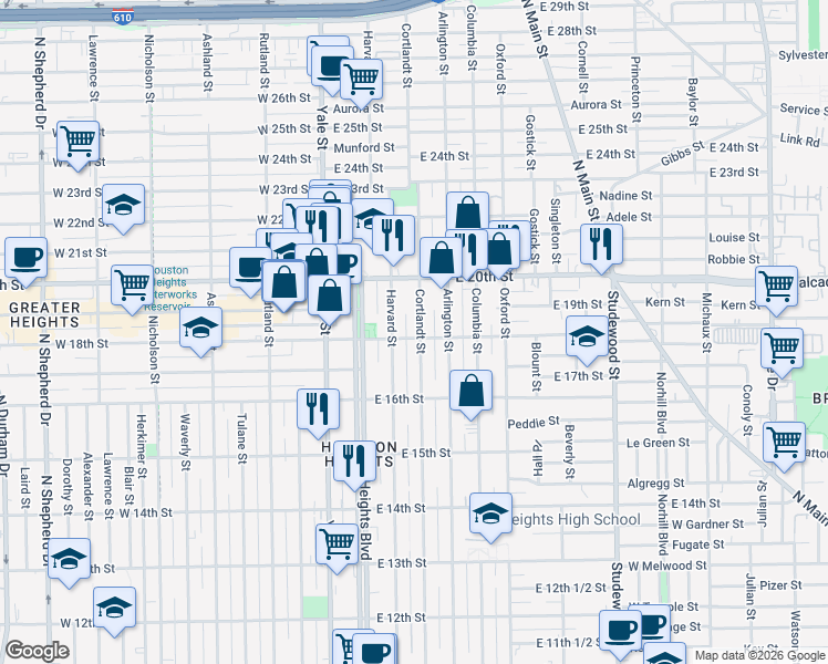 map of restaurants, bars, coffee shops, grocery stores, and more near 1802 Cortlandt Street in Houston