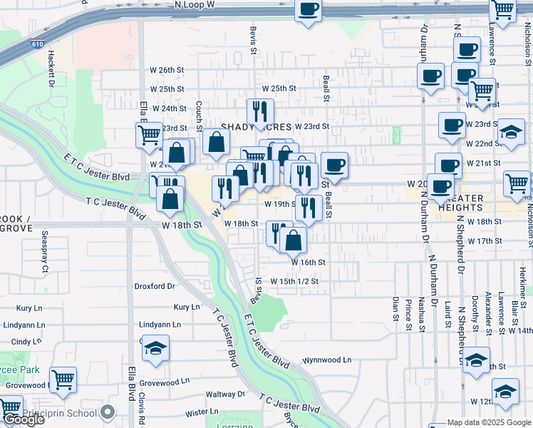 map of restaurants, bars, coffee shops, grocery stores, and more near 1245 West 18th Street in Houston