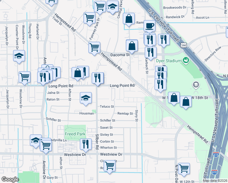 map of restaurants, bars, coffee shops, grocery stores, and more near 1704 Lindsey Ridge Drive in Houston
