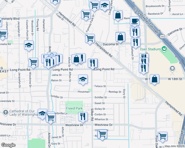 map of restaurants, bars, coffee shops, grocery stores, and more near 6621 Long Point Road in Houston