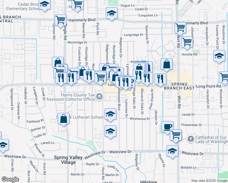 map of restaurants, bars, coffee shops, grocery stores, and more near 8327 Ginger Oak Street in Houston
