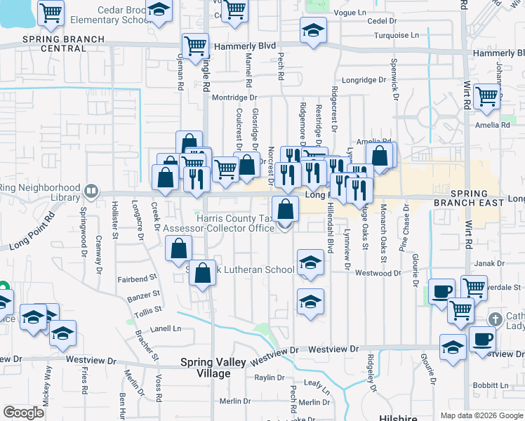 map of restaurants, bars, coffee shops, grocery stores, and more near 1751 Moritz Drive in Houston