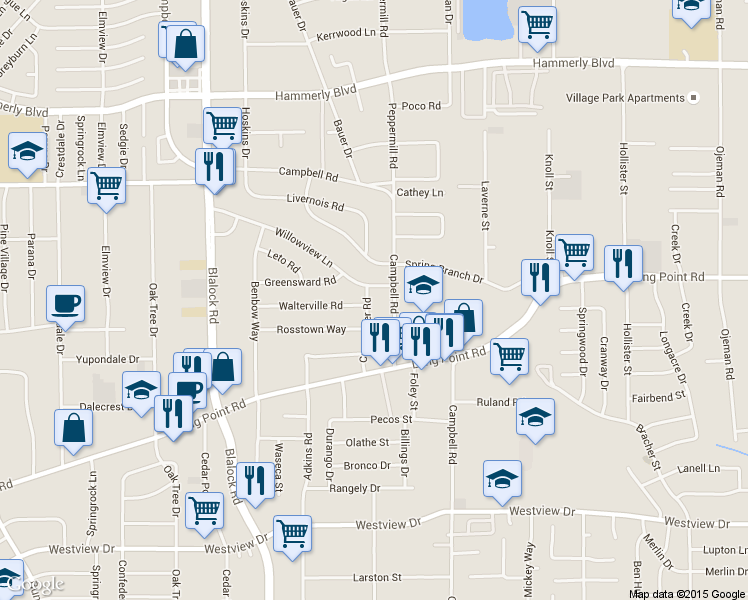 map of restaurants, bars, coffee shops, grocery stores, and more near 1741 Campbell Road in Houston