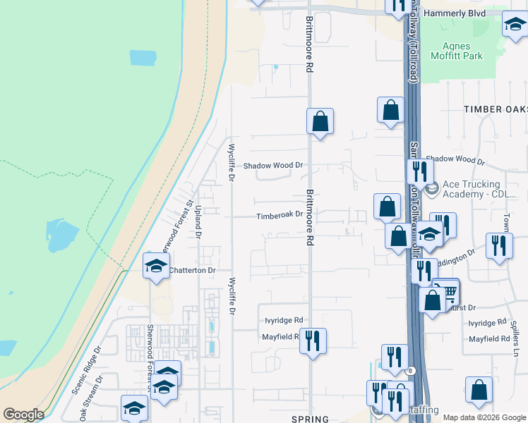 map of restaurants, bars, coffee shops, grocery stores, and more near 10938 Timberoak Drive in Houston