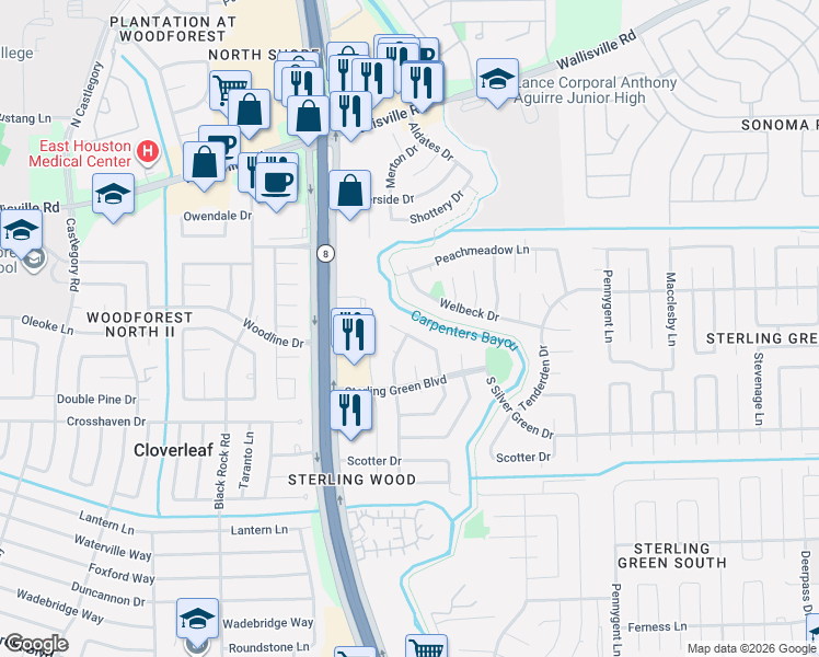 map of restaurants, bars, coffee shops, grocery stores, and more near 14819 Croxton Drive in Houston