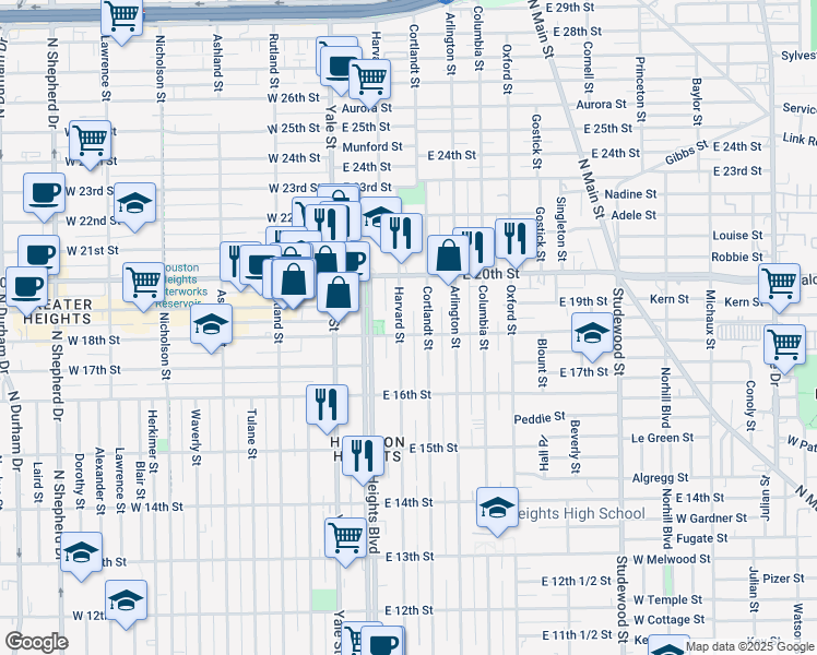 map of restaurants, bars, coffee shops, grocery stores, and more near 1802 Harvard Street in Houston