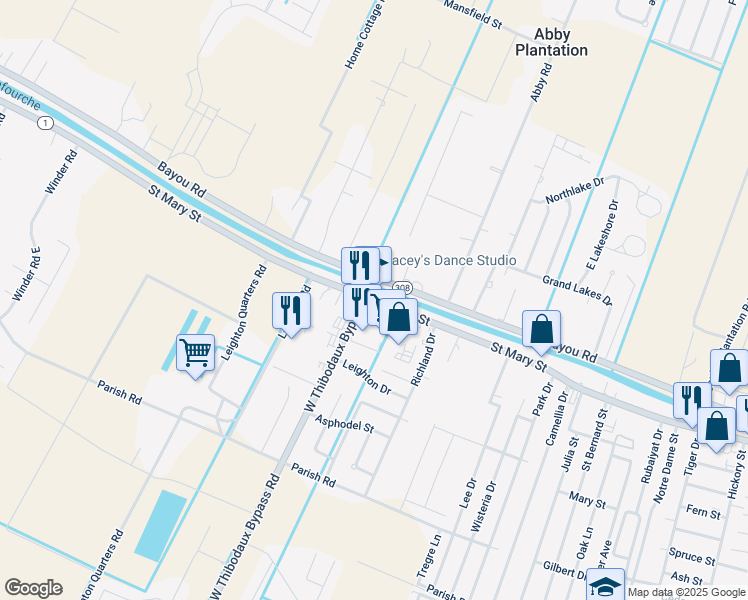 map of restaurants, bars, coffee shops, grocery stores, and more near 1690 Louisiana 1 in Thibodaux