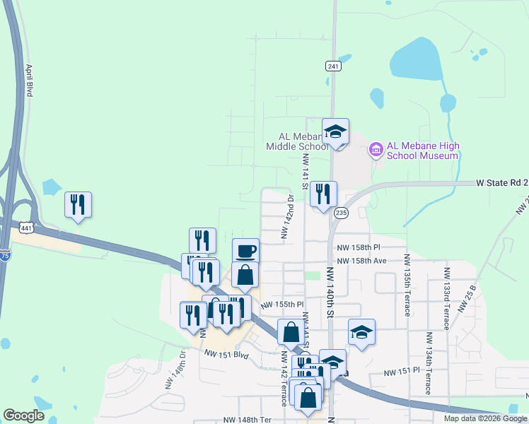 map of restaurants, bars, coffee shops, grocery stores, and more near 14387 Northwest 160th Lane in Alachua