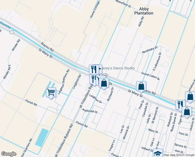map of restaurants, bars, coffee shops, grocery stores, and more near 1690 Louisiana 1 in Thibodaux