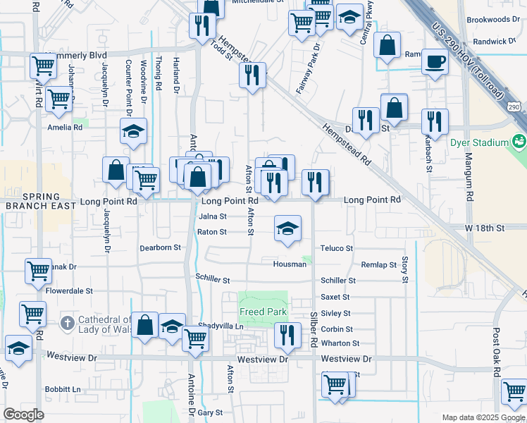 map of restaurants, bars, coffee shops, grocery stores, and more near 6915 Jalna Street in Houston