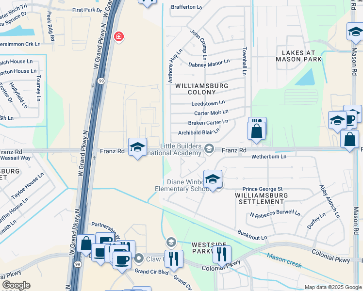 map of restaurants, bars, coffee shops, grocery stores, and more near 22807 Market Square Lane in Katy