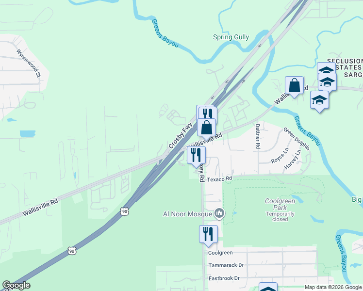 map of restaurants, bars, coffee shops, grocery stores, and more near 1515 Wallisville Road in Houston