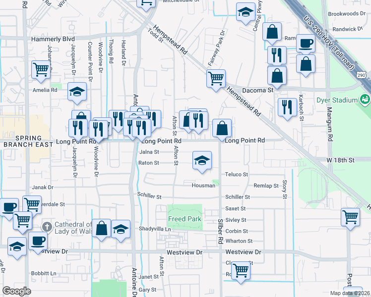 map of restaurants, bars, coffee shops, grocery stores, and more near 6915 Jalna Street in Houston