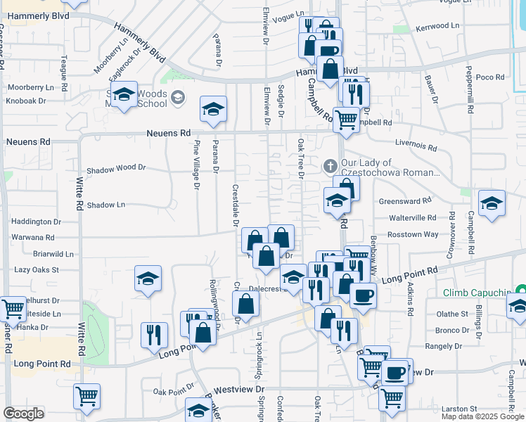 map of restaurants, bars, coffee shops, grocery stores, and more near 1617 Elmview Drive in Houston