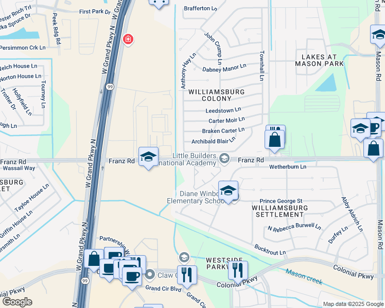 map of restaurants, bars, coffee shops, grocery stores, and more near 22807 Market Square Lane in Katy