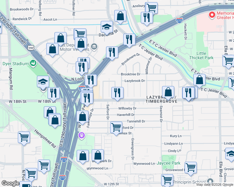 map of restaurants, bars, coffee shops, grocery stores, and more near 1806 Mill Creek Drive in Houston