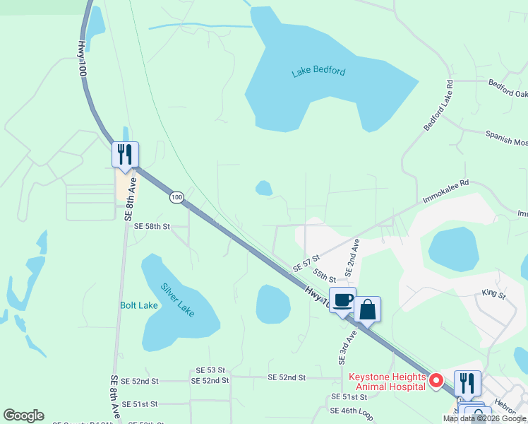 map of restaurants, bars, coffee shops, grocery stores, and more near 589 Southeast 58th Street in Keystone Heights