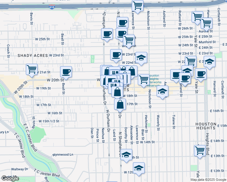 map of restaurants, bars, coffee shops, grocery stores, and more near 709 West 18th Street in Houston