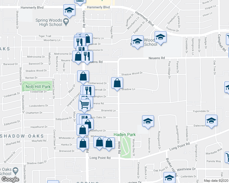 map of restaurants, bars, coffee shops, grocery stores, and more near 10012 Haddington Drive in Houston