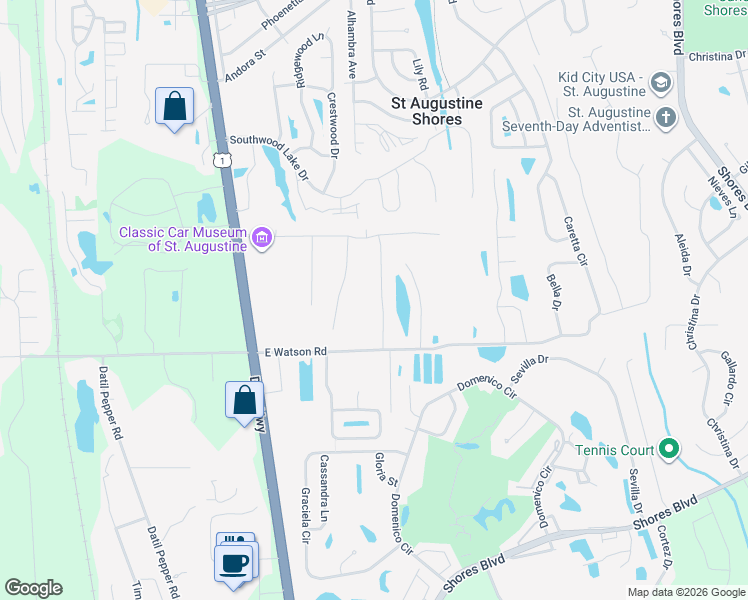map of restaurants, bars, coffee shops, grocery stores, and more near 143 Edge park trail in Saint Augustine Shores
