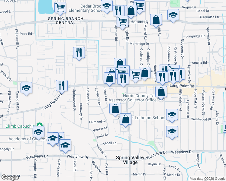 map of restaurants, bars, coffee shops, grocery stores, and more near 1722 Creek Drive in Houston