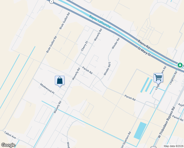 map of restaurants, bars, coffee shops, grocery stores, and more near 3101-3107 Parish Road in Thibodaux