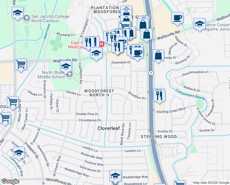 map of restaurants, bars, coffee shops, grocery stores, and more near 146 Moonridge Drive in Houston