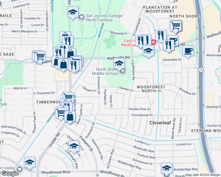 map of restaurants, bars, coffee shops, grocery stores, and more near 102 Oryan Court in Houston