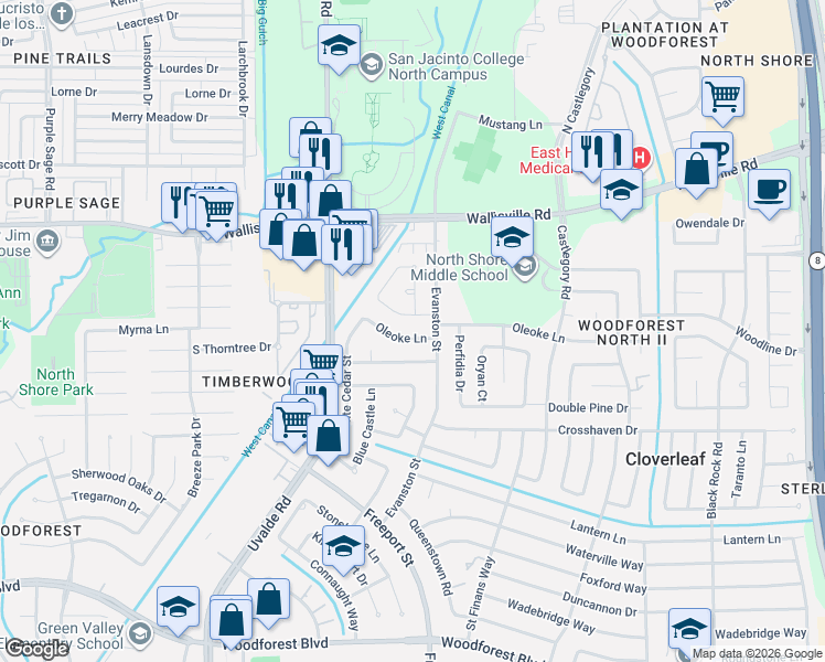 map of restaurants, bars, coffee shops, grocery stores, and more near 13706 Oleoke Lane in Houston