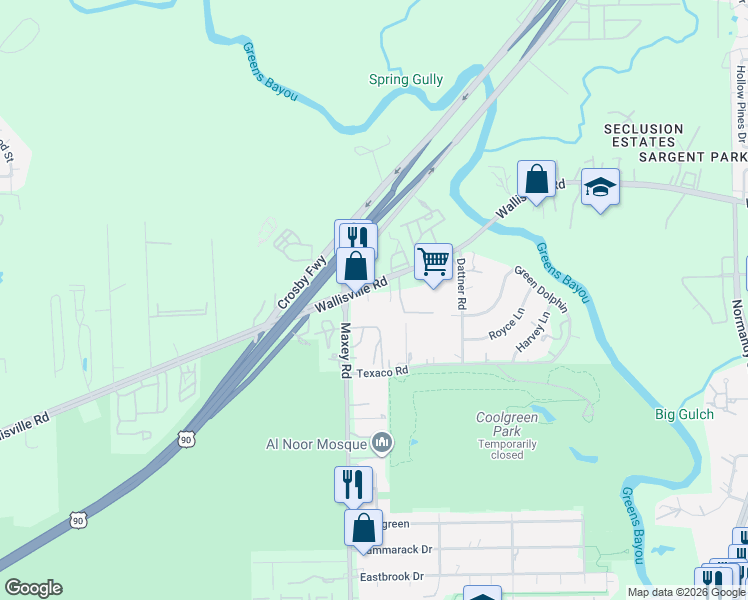 map of restaurants, bars, coffee shops, grocery stores, and more near 12521 1/2 Texaco Road in Houston