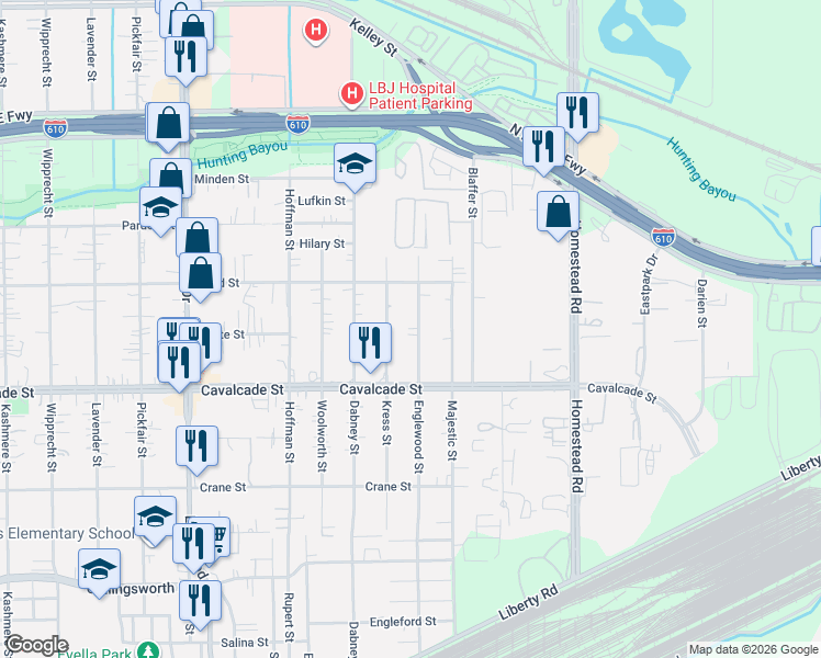 map of restaurants, bars, coffee shops, grocery stores, and more near 4521 Englewood Street in Houston