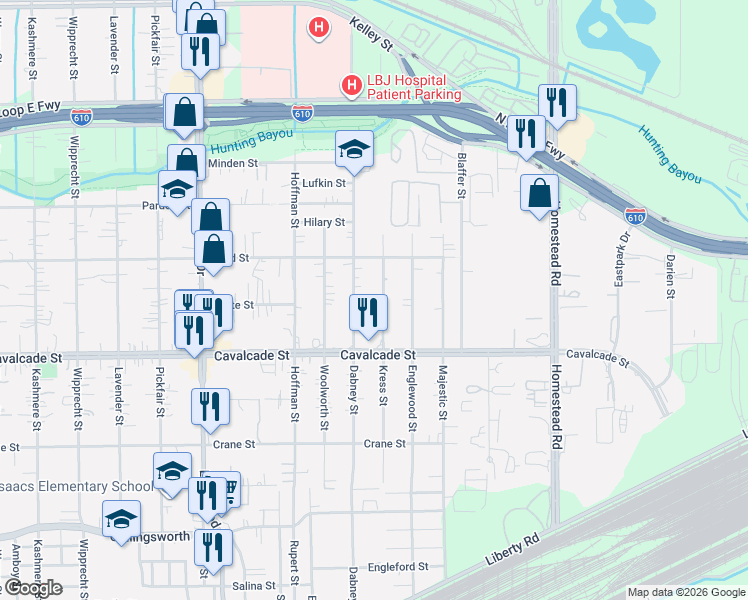 map of restaurants, bars, coffee shops, grocery stores, and more near 4522 Dabney St in Houston