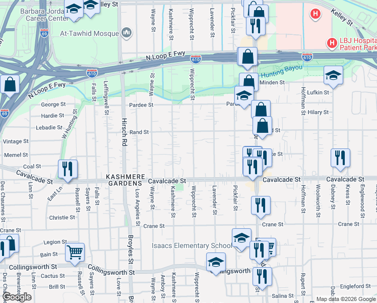 map of restaurants, bars, coffee shops, grocery stores, and more near 4514 Kashmere Street in Houston