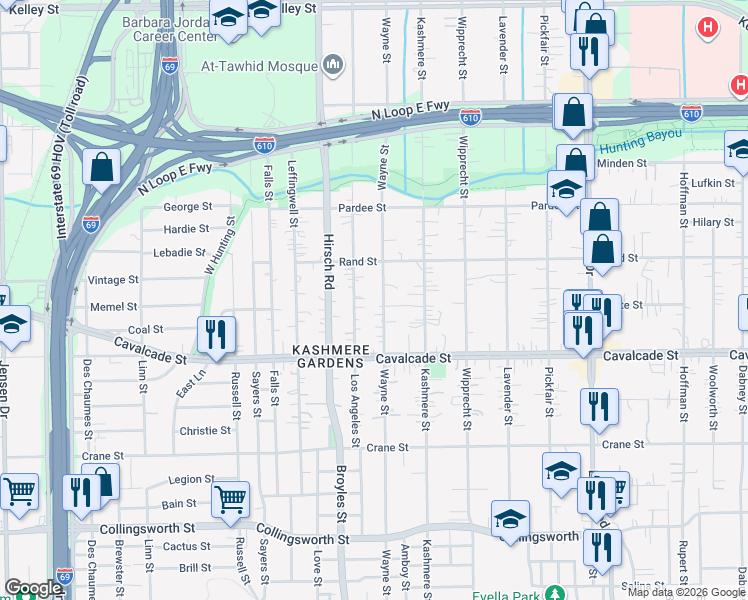 map of restaurants, bars, coffee shops, grocery stores, and more near 4523 Wayne Street in Houston