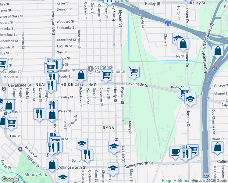 map of restaurants, bars, coffee shops, grocery stores, and more near 4602 Hardy Street in Houston