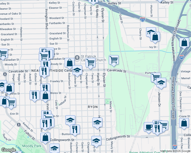 map of restaurants, bars, coffee shops, grocery stores, and more near 4605 Terry Street in Houston