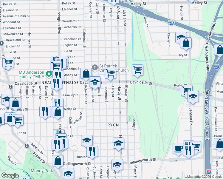 map of restaurants, bars, coffee shops, grocery stores, and more near 4605 Terry Street in Houston