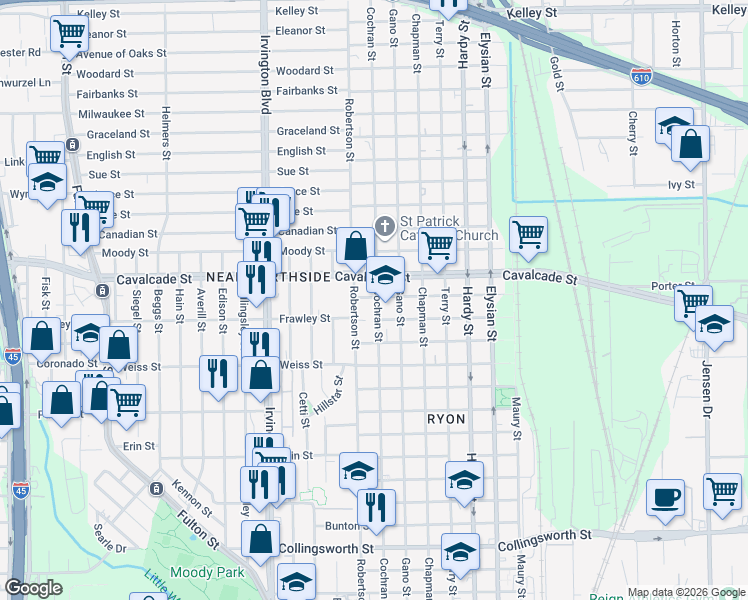 map of restaurants, bars, coffee shops, grocery stores, and more near 4607 Cochran Street in Houston