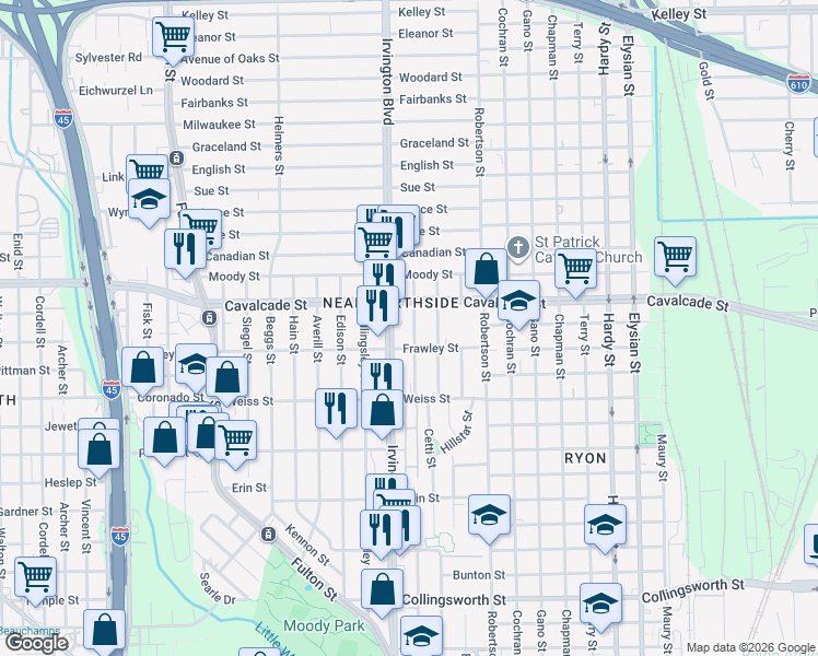 map of restaurants, bars, coffee shops, grocery stores, and more near 4602 Irvington Blvd in Houston