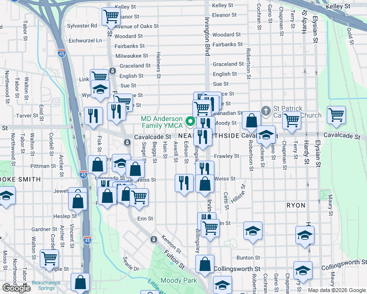 map of restaurants, bars, coffee shops, grocery stores, and more near 4607 Billingsley Street in Houston