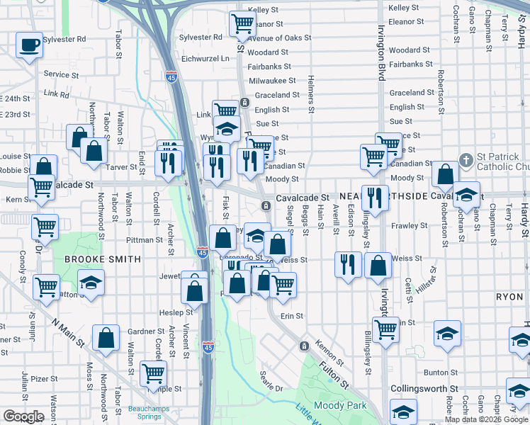 map of restaurants, bars, coffee shops, grocery stores, and more near in Houston