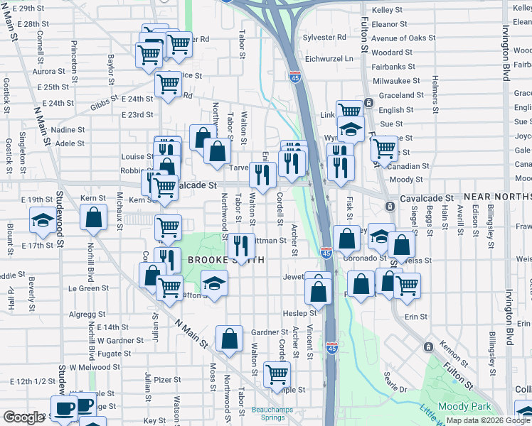 map of restaurants, bars, coffee shops, grocery stores, and more near 906 Mathis Street in Houston