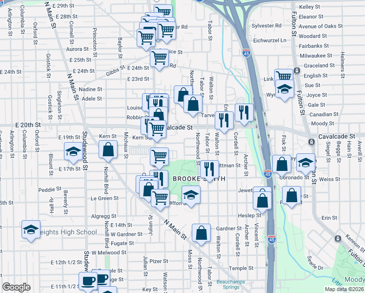 map of restaurants, bars, coffee shops, grocery stores, and more near 1220 Mathis Street in Houston