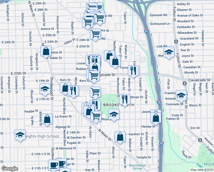 map of restaurants, bars, coffee shops, grocery stores, and more near 1723 Redwing Haven Drive in Houston