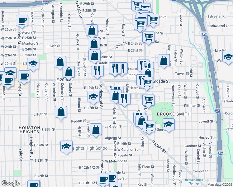 map of restaurants, bars, coffee shops, grocery stores, and more near 5207 North Main Street in Houston